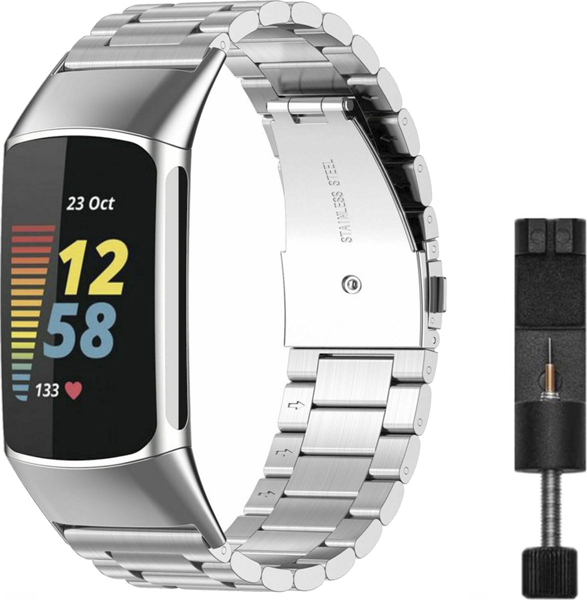 MY PROTECT - Luxe Metalen Bandje Geschikt Voor Fitbit Charge 5 / Charge 6 - Schakel Band - Zilver
