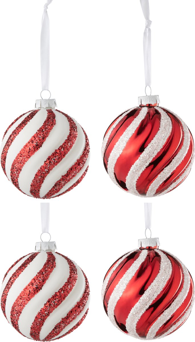 J-Line kerstbal van glas in wit en rood, groot formaat, verpakt in doos van 4