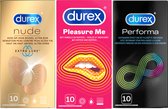 Durex - 30 Condooms - Performa 10st met vertragend effect - Nude Extra Dun en Lube 10st - Pleasure Me geribbelde condooms 10st - Voordeelverpakking