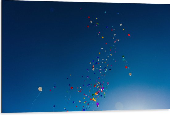 Dibond - Lucht Vol Gekleurde Ballonnen - 105x70 cm Foto op Aluminium (Met Ophangsysteem)