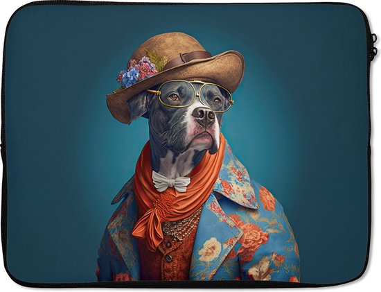 Foto: Laptophoes 17 inch hond colbert bloemen hoed blauw laptop sleeve binnenmaat 42 5x30 cm zwarte achterkant