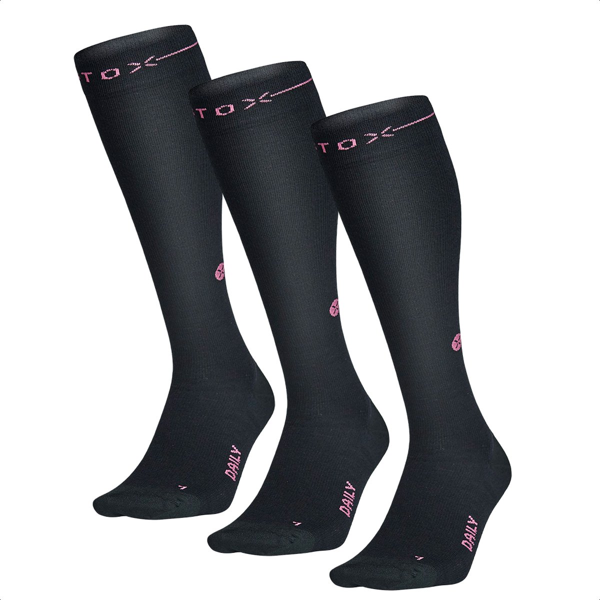 STOX Energy Socks Merino Everyday Sokken Dames - 3 Pack - Compressiekousen - Zwart / Fuchsia - Merino Wol Compressie Sokken - Naadloos - Steunkousen - Maat: 38-40 (3 paar)