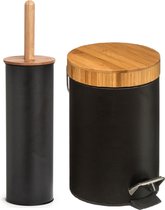 Ensemble d'accessoires de salle de bain / toilette Zeller - brosse de toilette / poubelle à pédale - noir - métal / bambou