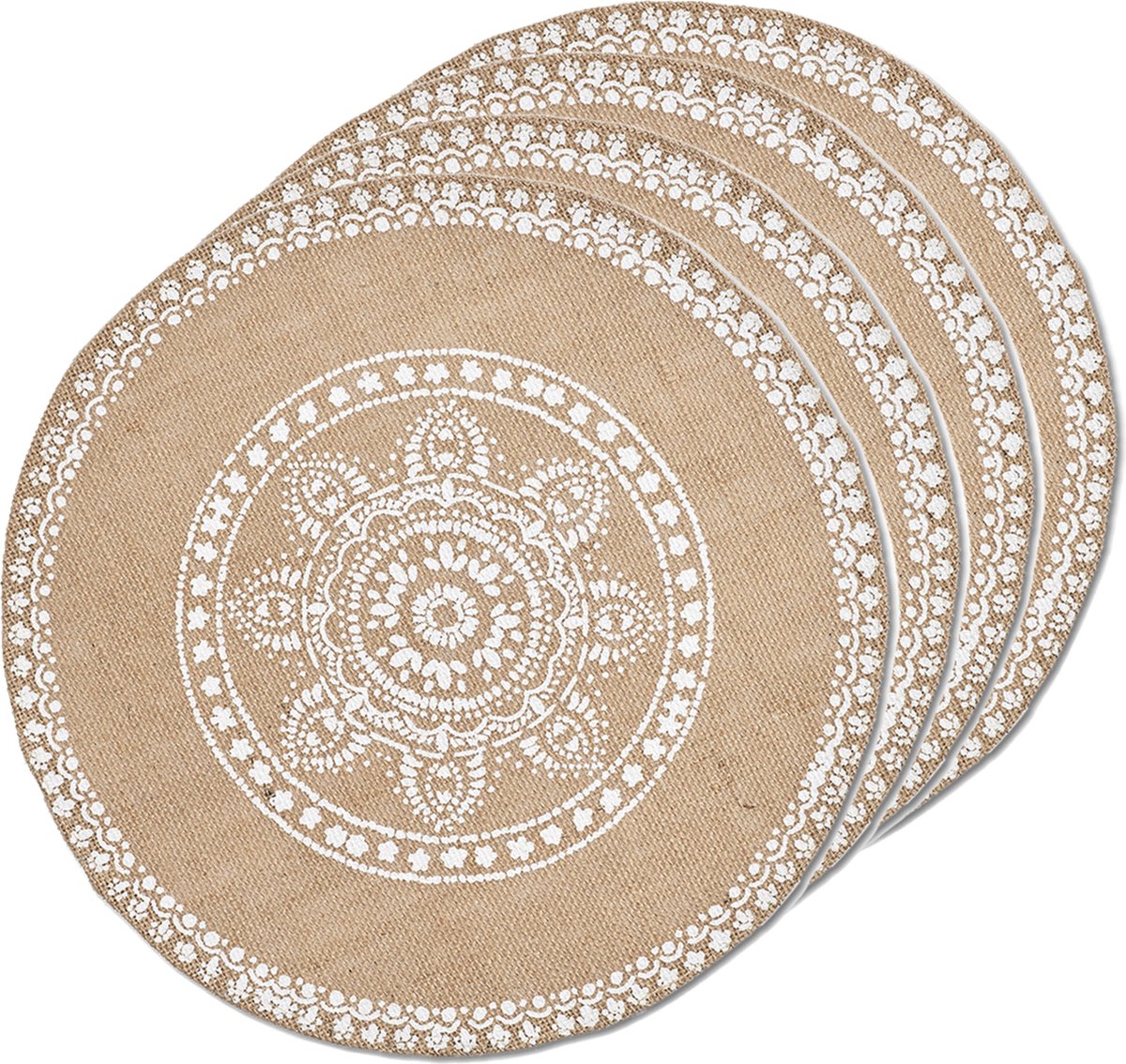 Zeller placemats met mandala print - 10x - jute look stof - rond - D38 cm