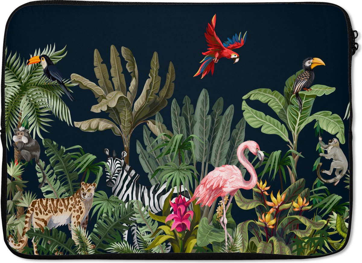 Laptophoes 13 inch - Jungle - Planten - Dieren - Kinderen - Flamingo - Zebra - Laptop sleeve - Binnenmaat 32x22,5 cm - Zwarte achterkant