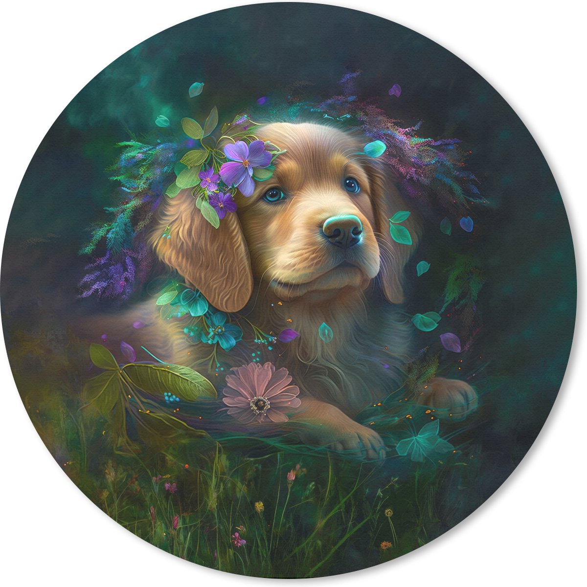 Muismat rond 20x20 cm - Mousepad Hond - Puppy - Bloemen - Natuur - Golden retriever - Ronde muismatten