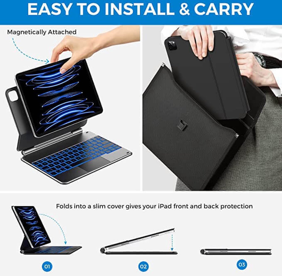 Toetsenbord Hoes Apple iPad Pro 11 (2022/2021/2020/2018) - Bluetooth Magnetisch Keyboard Case - met Touchpad Muis en Verlichting - QWERTY - Zwart — cadeau in Telefoon & Tablet - foto 3