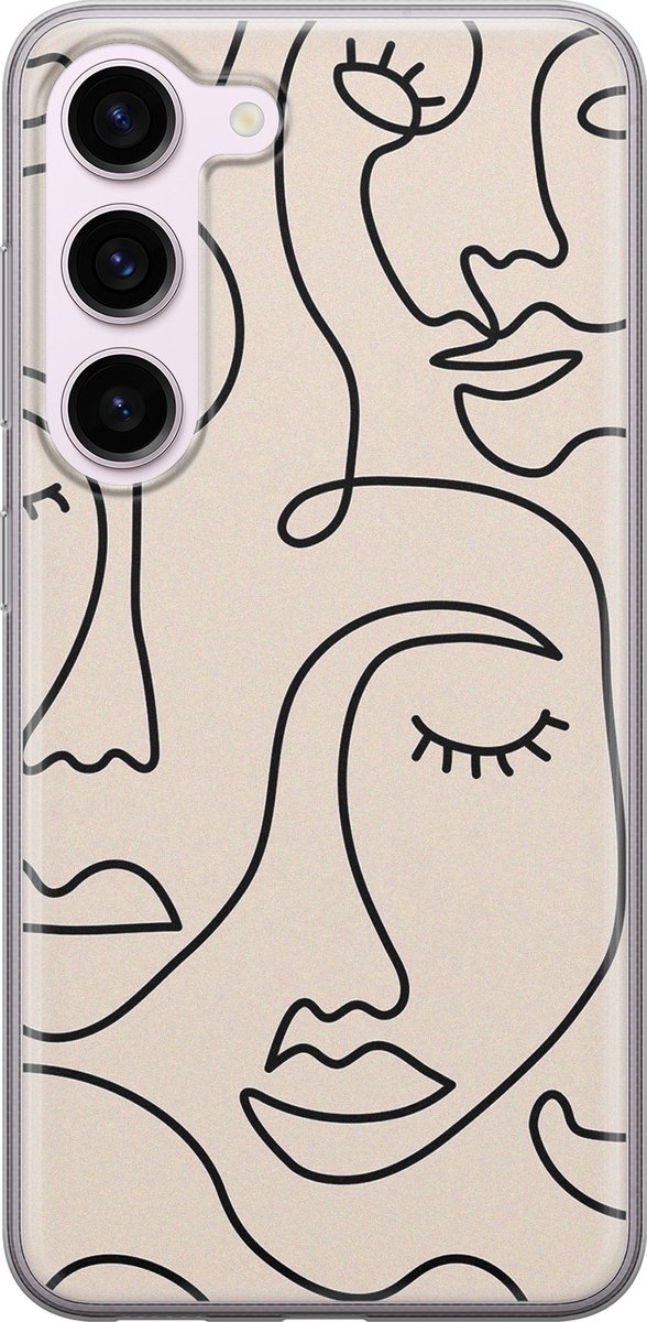 Leuke Telefoonhoesjes - Hoesje geschikt voor Samsung Galaxy S23 - Abstract gezicht lijnen - Soft case - TPU - Print / Illustratie - Beige