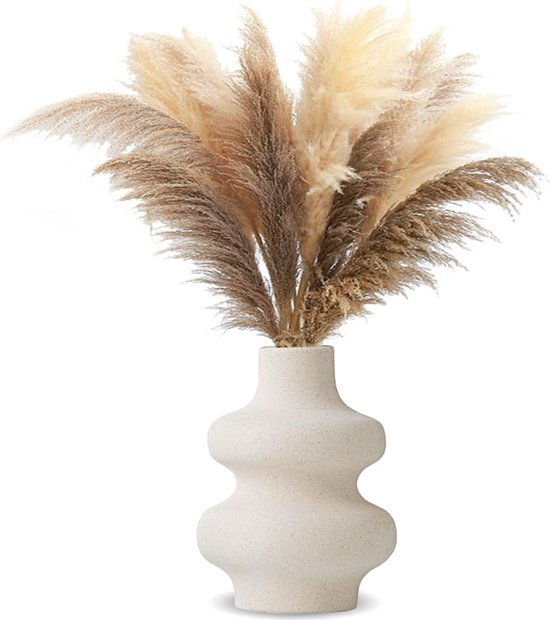 Ronde vaas wit, bloemenvaas beige keramische vaas moderne gedroogde bloemen kunst ronde vaas crème keramische vaas boho decoratieve vaas voor decoratie en cadeau, (M)