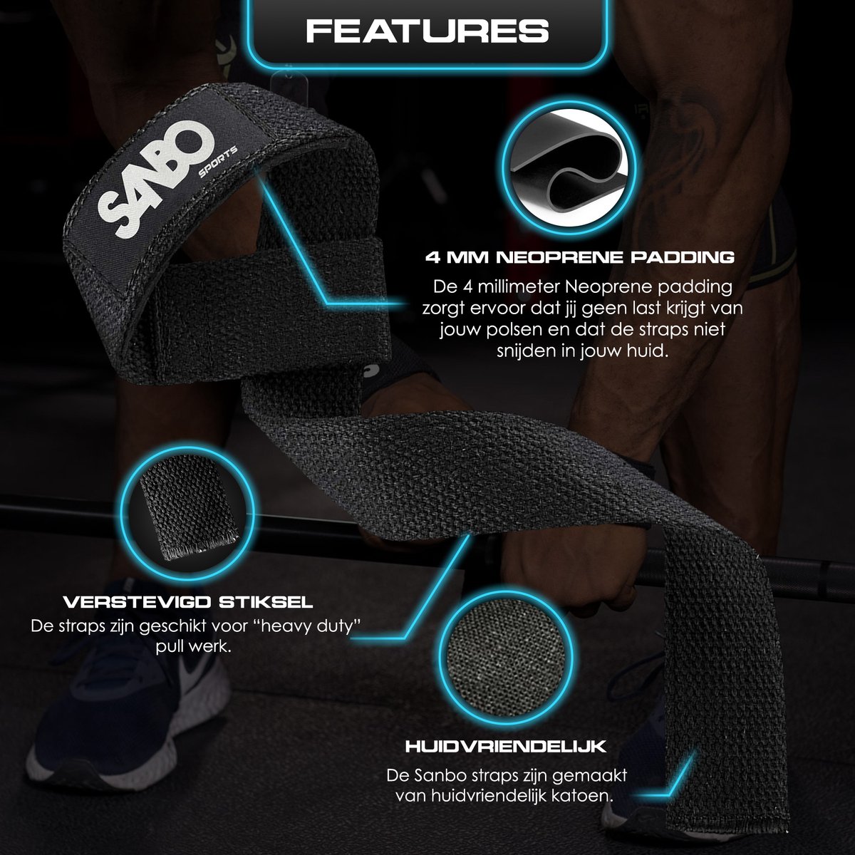 Sanbo Lifting Straps Set 2 Stuks 100 Katoen Zwart Powerlifting