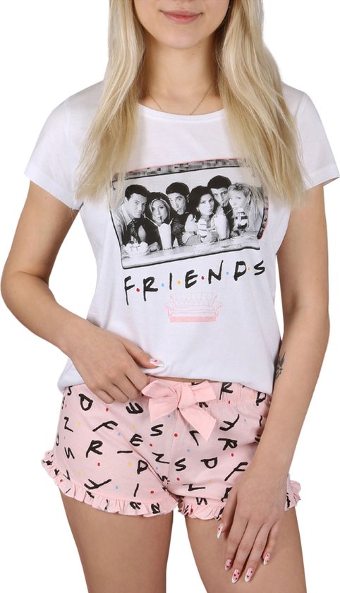 FRIENDS - Witte en roze katoenen pyjama voor dames met korte mouwen, zomerpyjama