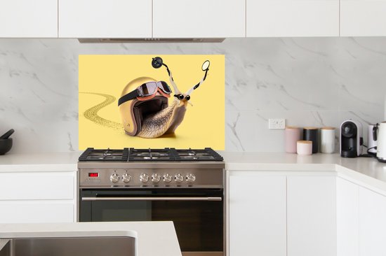 Spatscherm keuken 100x65 cm - Kookplaat achterwand Slak - Dieren - Helm - Geel - Spiegels - Muurbeschermer - Spatwand fornuis - Hoogwaardig aluminium
