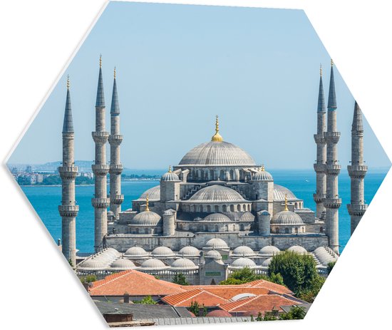 PVC Schuimplaat Hexagon - Sultan Ahmet Moskee aan de Zee van Turkije - 60x52.2 cm Foto op Hexagon (Met Ophangsysteem)
