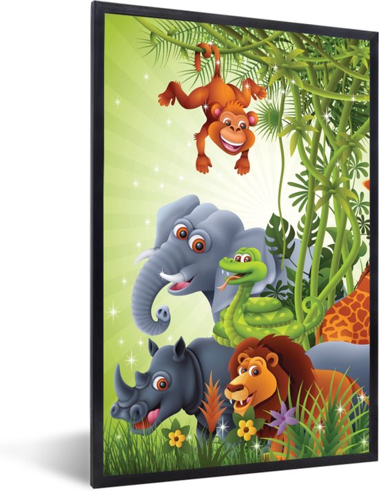 Fotolijst incl. Poster - Jungle dieren - Planten - Kinderen - Olifant - Giraf - Leeuw - 60x90 cm - Posterlijst