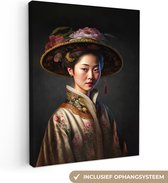 Canvas Schilderij Vrouw - Portret - Bloemen - Hoed - Aziatisch - 90x120 cm - Wanddecoratie