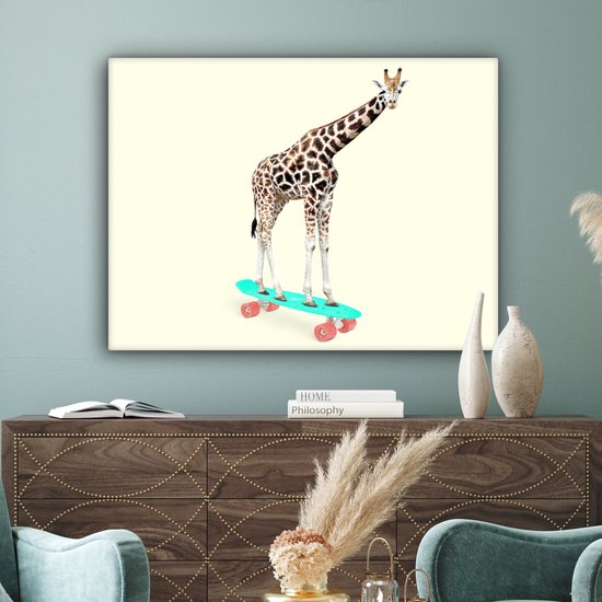 Canvas schilderij - Foto op canvas- Giraffe - Patroon - Skateboard - Roze - Dieren - 120x90 cm - Wanddecoratie