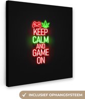 Canvas Schilderij Gaming - Neon - Keep calm and game on - Rood - Tekst - 20x20 cm - Wanddecoratie