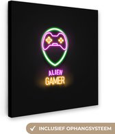 Canvas Schilderij Gaming - Quotes - Neon - Alien gamer - Controller - 20x20 cm - Wanddecoratie - Game room decoratie