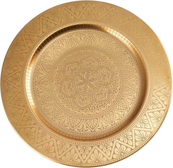 Oosters rond dienblad van metaal Manar 35 cm | Marokkaans theeblad in goud | oosters goud dienblad | oosterse decoratie op de gedekte tafel