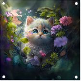 Tuinposters Kitten - Bloemen - Bos - Illustratie - Poes - 50x50 cm - Tuindoek - Buitenposter