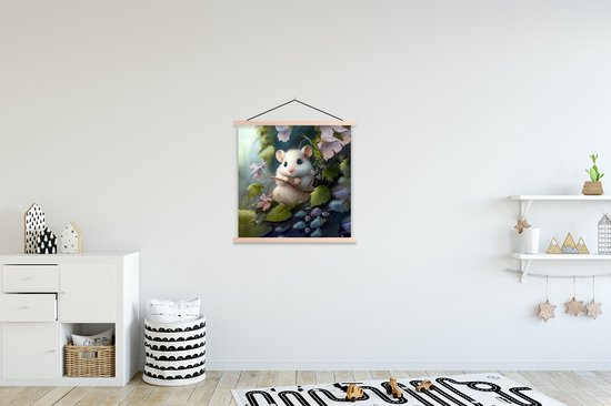 Posterhanger incl. Poster 60x60 cm - Schoolplaat - Muis - Bos - Bloemen - Illustratie - Bosdieren - Textielposter - Blanke latten