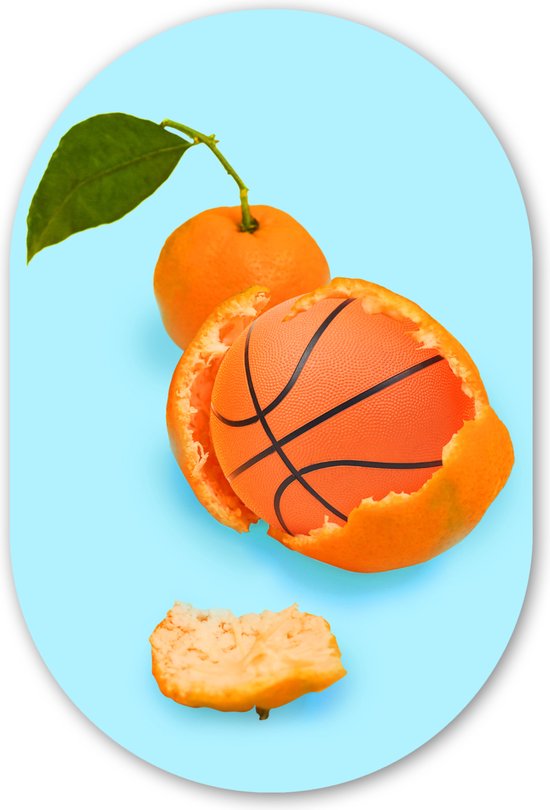 Muurovaal - Wandovaal - Kunststof Wanddecoratie - Ovalen Schilderij - Basketbal - Sinaasappel - Fruit - Oranje - Blad - 60x90 cm - Ovale spiegel vorm op kunststof