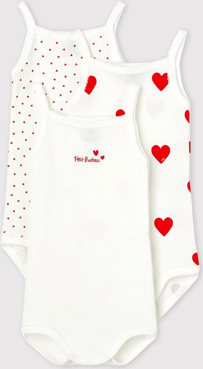 Petit Bateau Set van 3 babybody's met schouderbandjes Meisjes Rompertje - Wit/Rood + Wit/Rood + Wit
