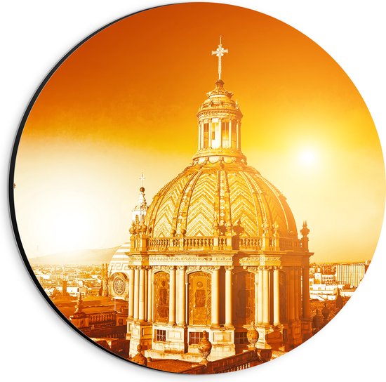 Dibond Muurcirkel - Top van St-Pietersbasiliek Kerk in Vaticaanstad onder Felle Zon - 20x20 cm Foto op Aluminium Muurcirkel (met ophangsysteem)