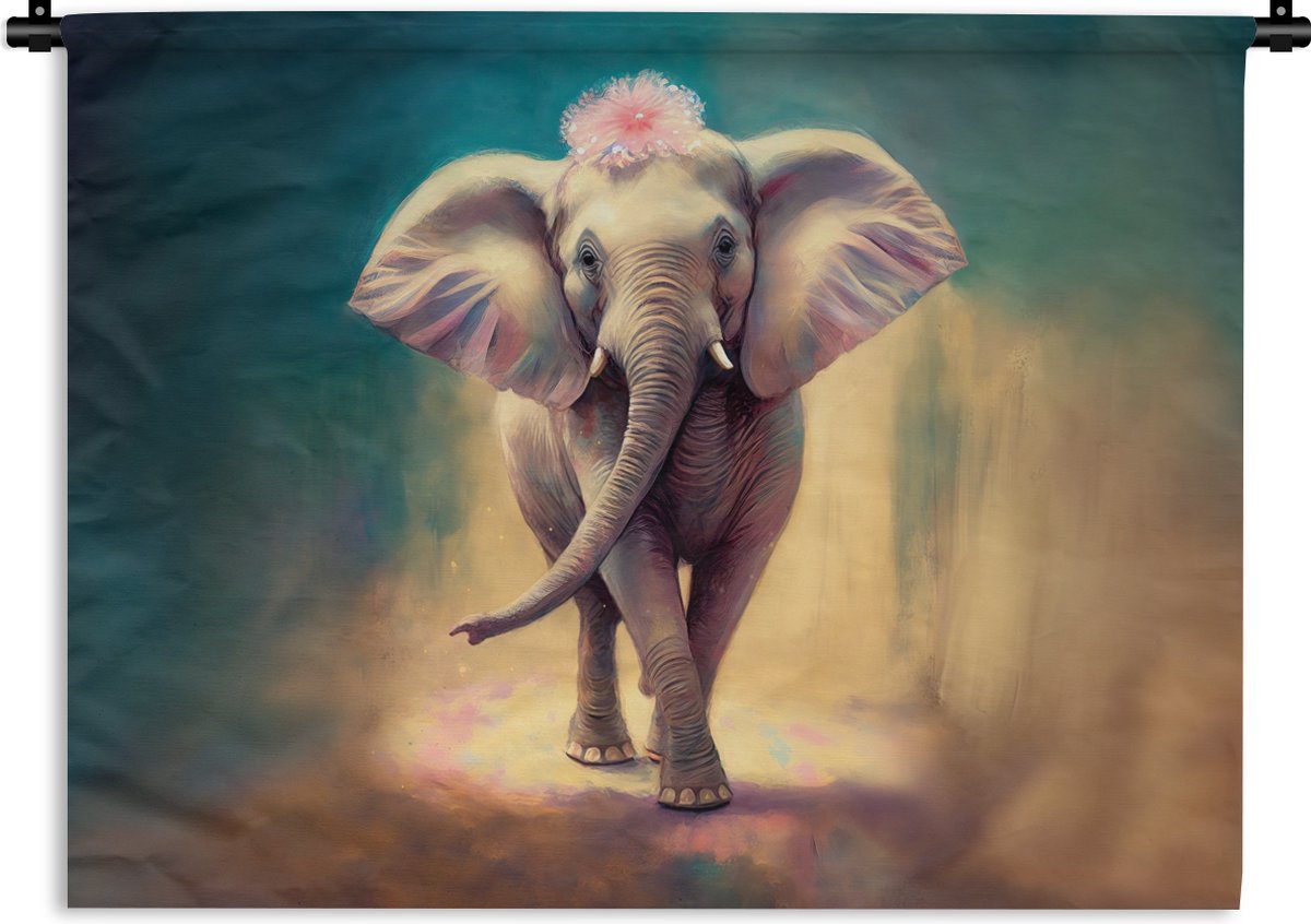 Wandkleed - Wanddoek - Olifant - Dieren - Verf - Bloemen - Portret - Kinderen - 120x90 cm 