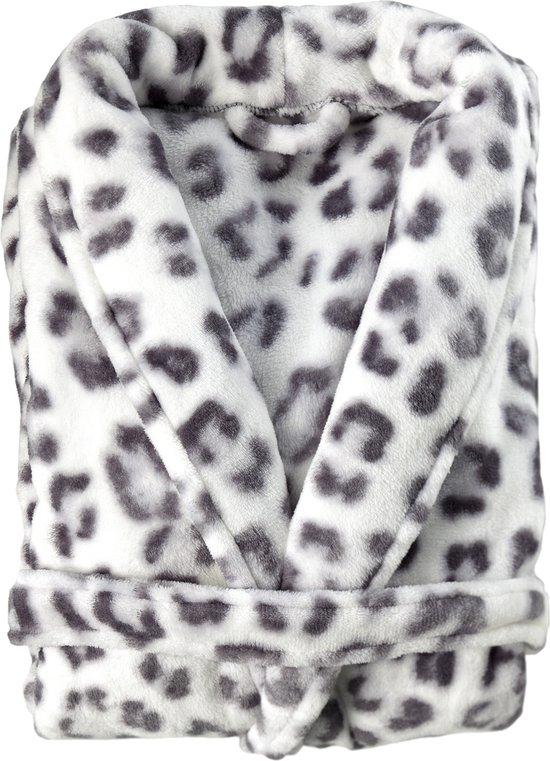 Stijlvolle fleece dames badjas Sneeuwluipaard maat L - superzacht en comfortabel - lang model - met ceintuur, zakken en een kraag