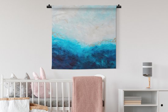 Wandkleed - Wanddoek - Verf - Zee - Blauw - Abstract - Goud - 90x90 cm - Wandtapijt