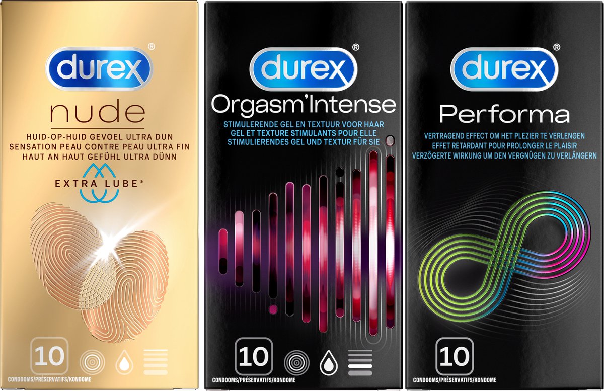 Durex - Perfoma Condooms 10 stuks, Nude Extra Lube Condooms 10 stuks&Orgasm Intense Condooms 10 stuks Pakket