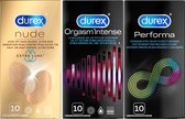 Bol.com Durex - 30 Condooms - Performa 10st - Nude Extra Lube 10st - Orgasm Intense 10st aanbieding