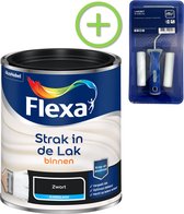 Flexa Strak in de Lak - Watergedragen - Zijdeglans - Zwart - 750 ml + Flexa Lakroller - 4 delig