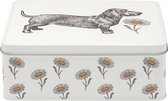 Thornback & Peel - Bewaarblik Teckel met Madeliefjes - Hond - Blik - Rechthoek - 19,5 x 15,5 x 7 cm