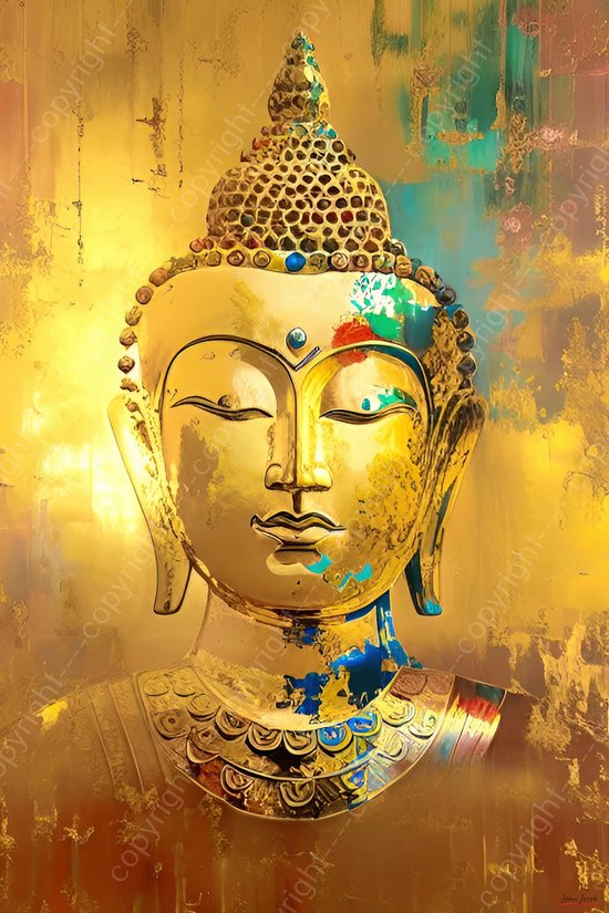 JJ-Art (Canvas) 90x60 | Buddha in goud, kunst, abstract geschilderde stijl, woonkamer slaapkamer | religie, boeddha, boeddhisme, rood, blauw, geel, groen, bruin, modern | Foto-Schilderij print (wanddecoratie)