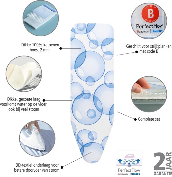 Strijkplank B, 124x38 cm, strijkerhouder - Spring Bubbles - Brabantia
