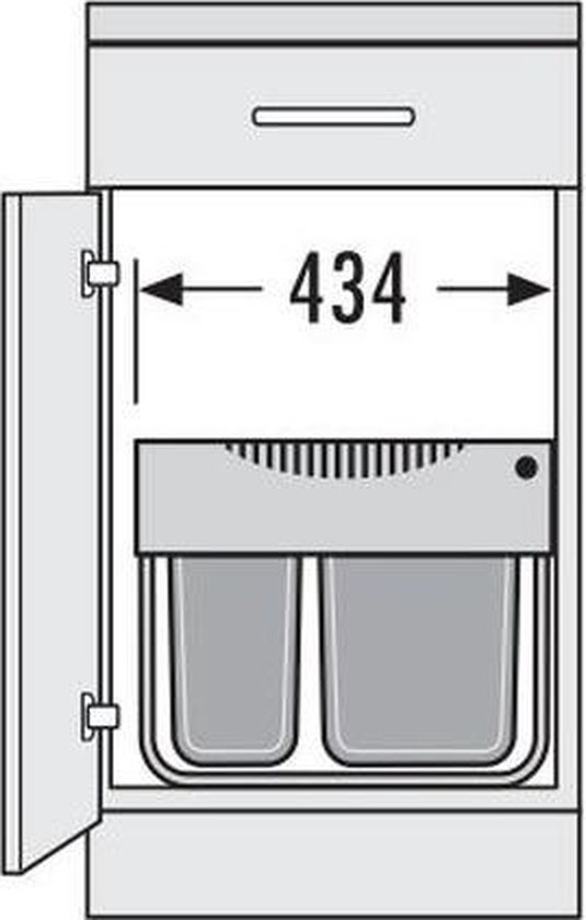 Schematische tekening van een kast met twee grijze afvalemmers, breedte 434.