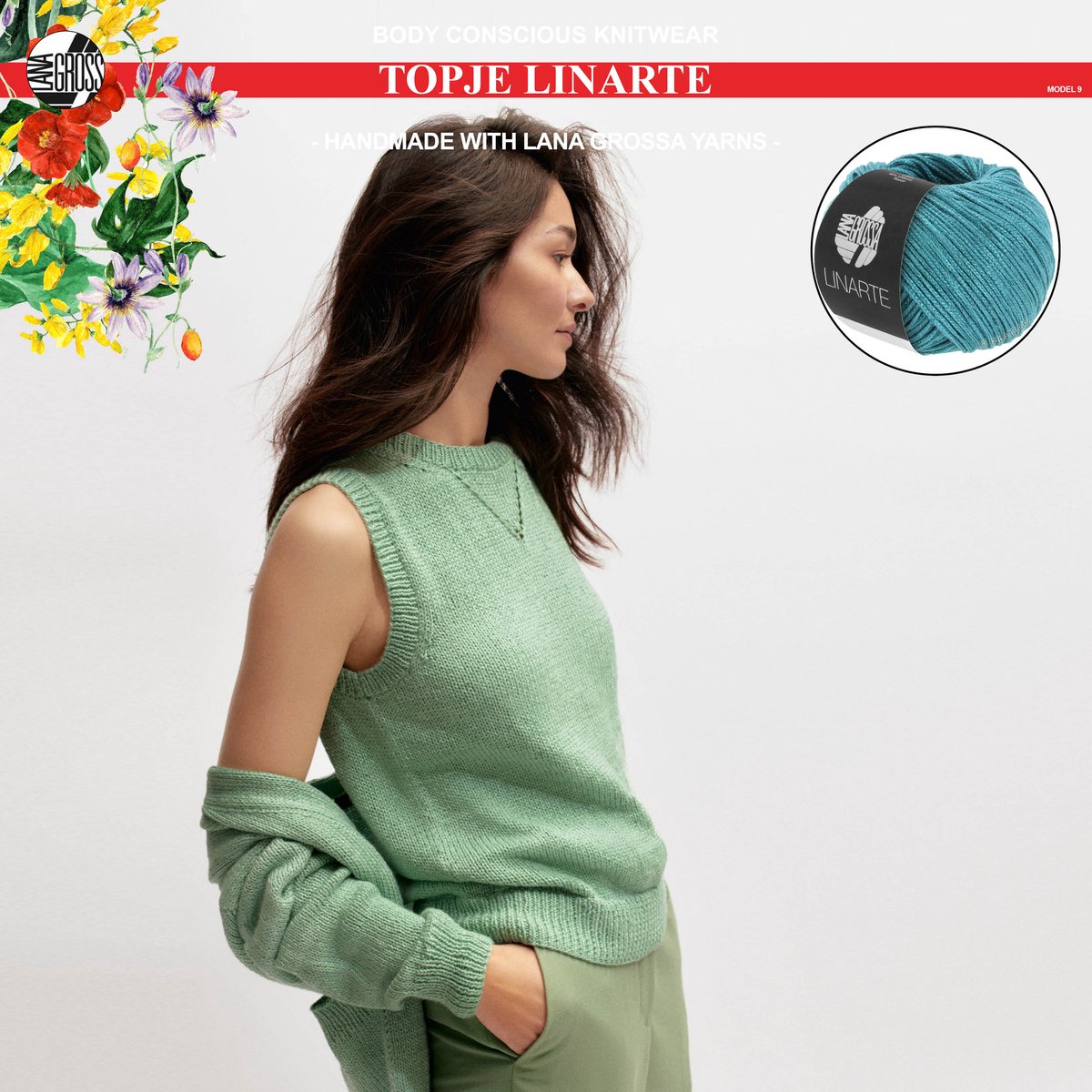 Breipakket top mt. 36/38 met Linarte garen model 9 van Lana Grossa Classici 24-kleur petrol