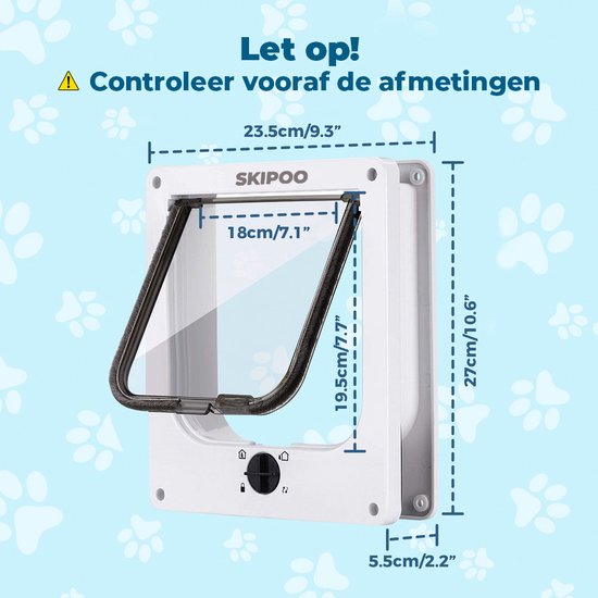 Wit Skipoo kattenluik met afmetingen in cm en inches. "Let op! Controleer vooraf de afmetingen."