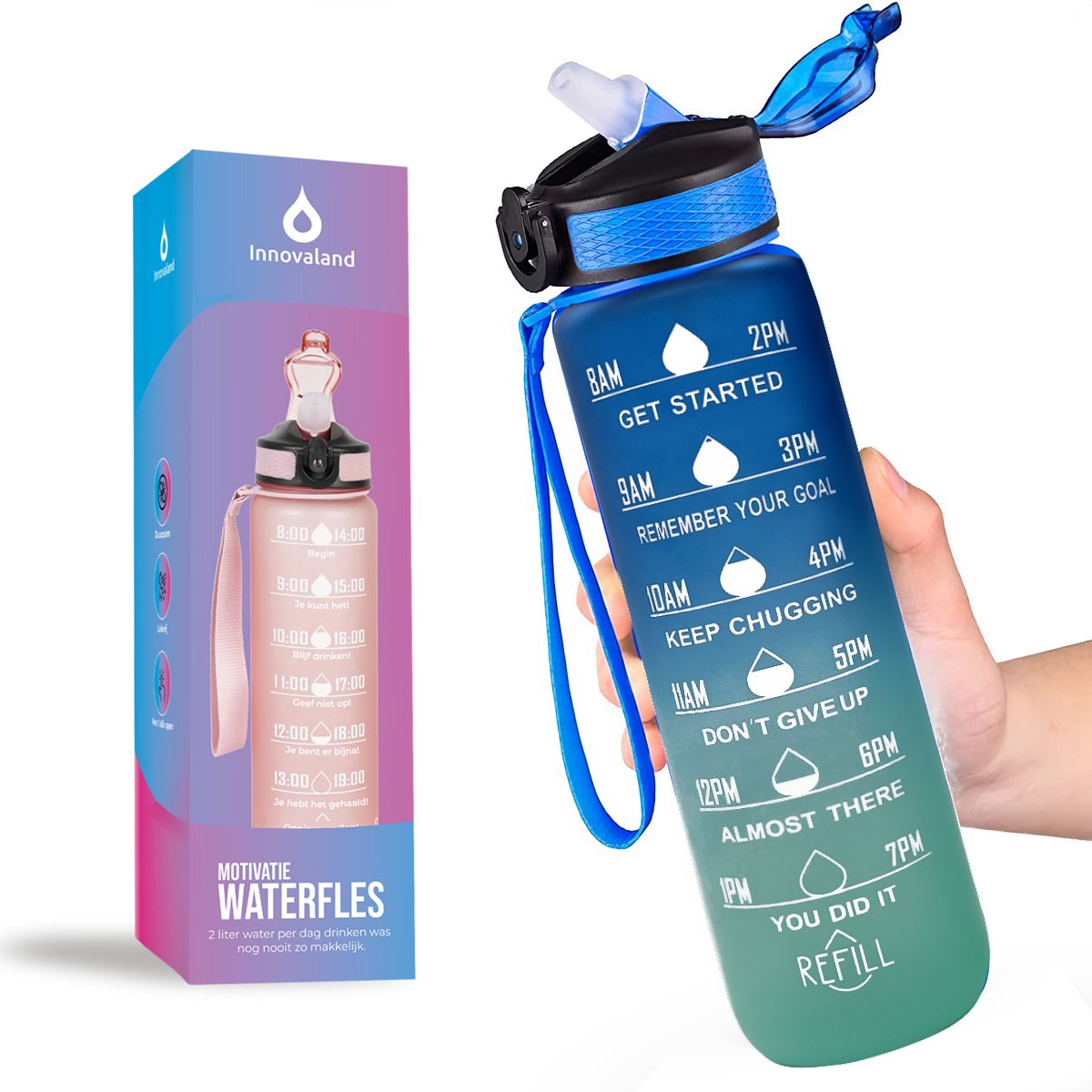 Innovaland Motivatie Waterfles Blauw/ Groen - 1 Liter Drinkfles - Waterfles met Rietje - Waterfles met tijdmarkering - BPA Vrij - Volwassenen - Kinderen