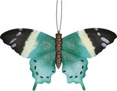Tuin/schutting decoratie turquoise blauw/zwarte vlinder 44 cm - Tuin/schutting/schuur versiering/docoratie - Metalen vlinders