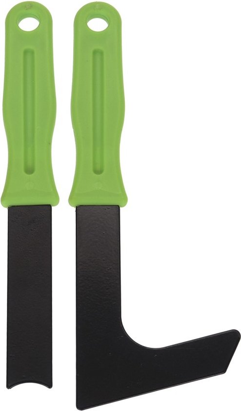Twee onkruidstekers met groen handvat, één recht en één gebogen, op witte achtergrond.