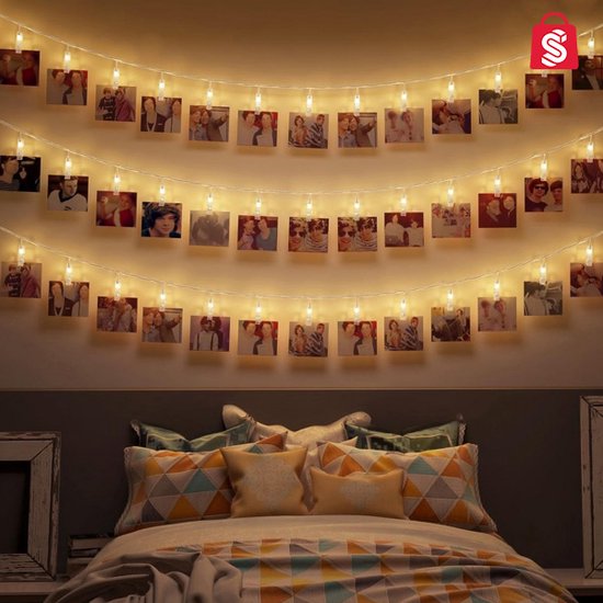 Chaîne Photo LED | 20 Épingles à linge avec lumières | Accrochez Polaroid | cordon de lumière| Éclairage de Noël| Blanc chaud | guirlande de photos | USB 4m