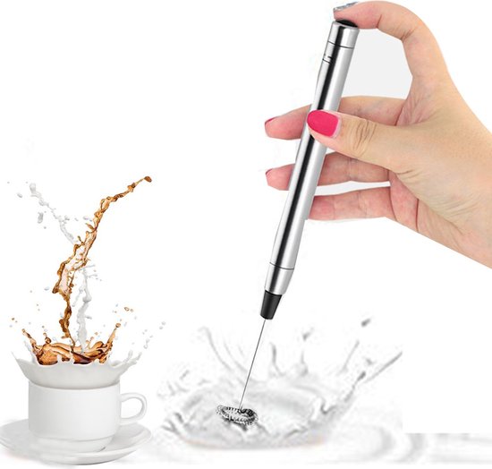 Mousseur à lait sans fil avec support - Mini mélangeur à main en acier inoxydable - Mousseur à lait électrique - Fonctionne à piles - Fouet à lait et agitateur et batteur - Argent