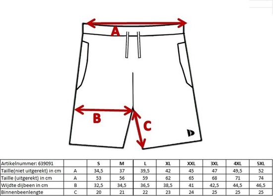Maattabel voor sportbroeken met maten S tot 5XL.