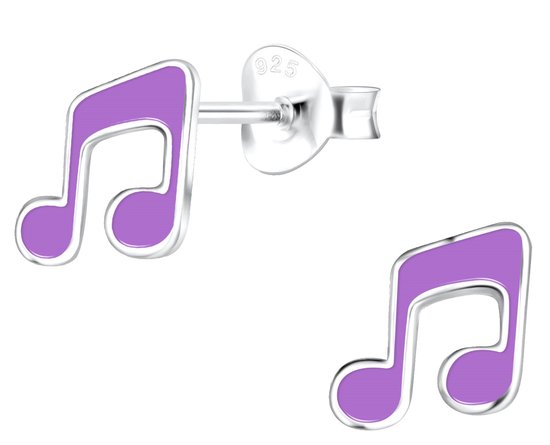 Joy|S - Zilveren muzieknoot oorbellen - 7 mm - paars muziek noot kinderoorbellen