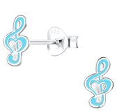 Joy|S - Zilveren muzieknoot oorbellen - G-sleutel - 4 x 8 mm - turquoise blauw - kinderoorbellen