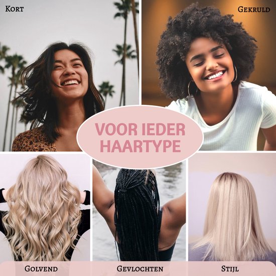 Collage van vrouwen met verschillende haartypes: kort, gekruld, golvend, gevlochten en stijl.