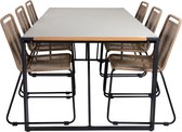 Texas tuinmeubelset tafel 100x200cm en 6 stoel stapelL Lindos zwart, naturel, grijs.